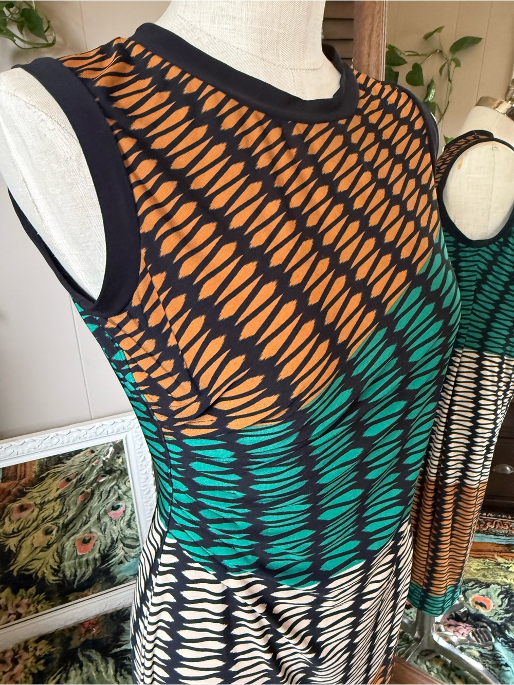 Julian Taylor Fit & Flare Dress Black Geometric Teal, Rust Cream, Size 14 - Picture 2 of 11